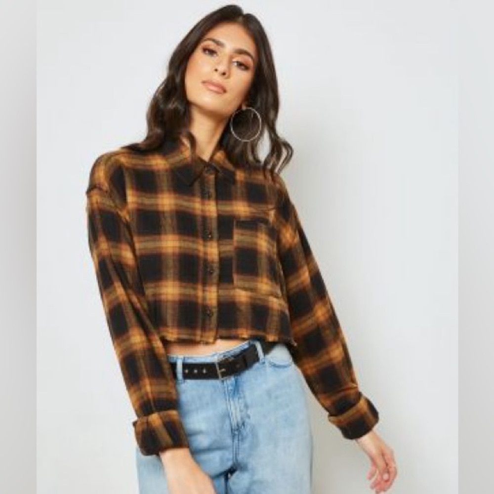 Forever 21 Womens Yellow Black Plaid Cropped Oversized Flannel Top Frayed Hem